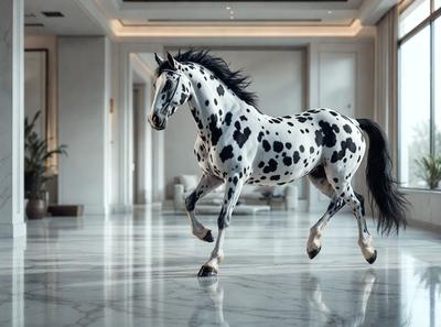 The primary subject of the image is a black and white spotted horse. The horse is walking across a marble floor, which serves as the setting for the scene. The visual style of the image is a photo, capturing the horse in its natural environment. The colors and mood of the image are predominantly black and white, giving it a classic and elegant appearance.