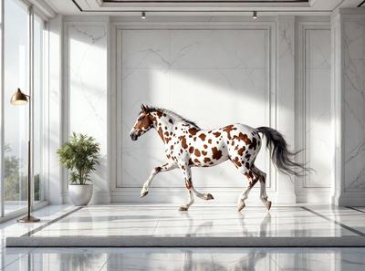 Primary subject: A horse with a spotted pattern.

Setting/background: A white marble wall.

Visual style: Digital art.

Colors and mood: The horse is brown and white, and the overall atmosphere is elegant and sophisticated.