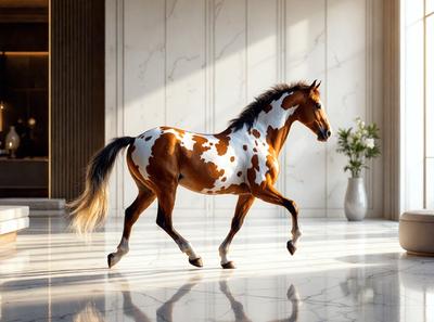 The primary subject of the image is a brown and white spotted horse walking across a marble floor. The setting is a room with a marble surface, and the visual style appears to be a photo. The horse's colors and mood create a sense of elegance and grace as it moves through the space.