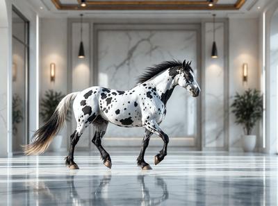 Primary subject: A black and white spotted horse.

Setting/background: A marble-paved hallway.

Visual style: A photo of the horse.

Colors and mood: The horse is black and white, and the overall atmosphere is elegant and sophisticated.