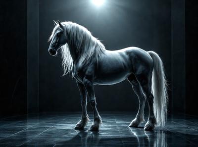 Primary subject: A white horse with long hair.

Setting/background: A dark room with a bright light shining on the horse.

Visual style: Digital art.

Colors and mood: The horse is the main focus, and its white color contrasts with the dark room, creating a dramatic and striking image.