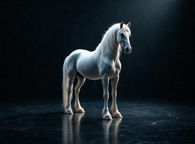Primary subject: A white horse standing in a dark room.

Setting/background: The horse is standing on a black surface, which could be a floor or a wall.

Visual style: The image is a digital art or illustration of a white horse.

Colors and mood: The dominant colors are black and white, creating a moody and dramatic atmosphere.