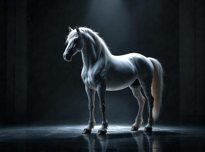 Primary subject: A white horse standing in a dark room.

Setting/background: The horse is standing on a dark surface, possibly a stage or a room with minimal lighting.

Visual style: The image is a black and white photo, which adds a dramatic and artistic touch to the scene.

Colors and mood: The black and white photo creates a moody and dramatic atmosphere, emphasizing the contrast between the white horse and the dark background.