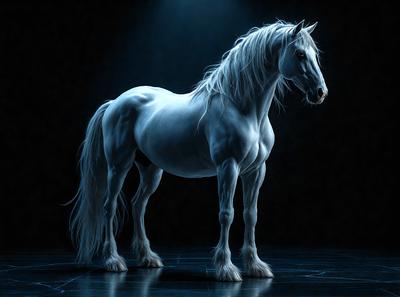 The primary subject of the image is a white horse standing in a dark room. The horse is the main focus of the image, and it appears to be the only object in the scene. The setting is a dark room, which contrasts with the white horse, creating a dramatic and moody atmosphere. The visual style of the image is a digital art or illustration, as it is a well-crafted and detailed representation of the horse. The colors in the image are predominantly dark, with the white horse being the only light