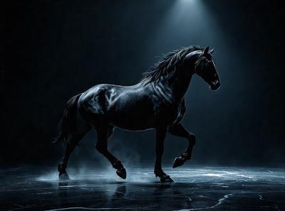 Primary subject: A black horse with a flowing mane.

Setting/background: A dark, empty room with a single light source.

Visual style: A black and white photo.

Colors and mood: The black horse stands out against the dark background, creating a dramatic and moody atmosphere.