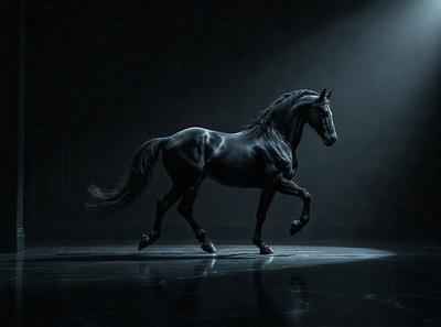 Primary subject: A black horse with a flowing mane.

Setting/background: A dark room with a single light source.

Visual style: A black and white photo.

Colors and mood: The black horse stands out against the dark background, creating a dramatic and moody atmosphere.