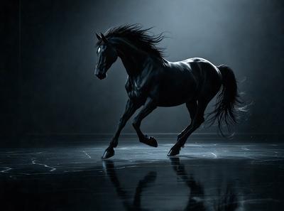 Primary subject: A black horse with a flowing mane.

Setting/background: A dark, empty room with a black and white floor.

Visual style: A black and white photo.

Colors and mood: The black and white photo creates a dramatic and moody atmosphere.