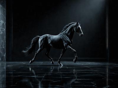 Primary subject: A black horse running on a dark surface.

Setting/background: The horse is running on a dark surface, possibly a black background or a dark room.

Visual style: The image is a black and white photo.

Colors and mood: The image has a monochromatic color scheme, with the black horse and the dark surface creating a dramatic and moody atmosphere.