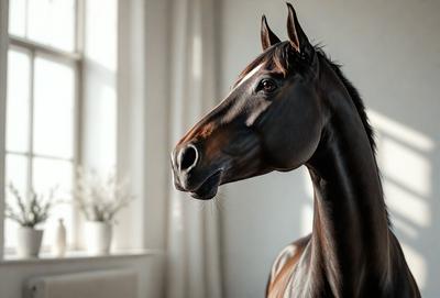 Primary subject: A brown horse with a white stripe on its face.

Setting/background: The horse is standing in front of a window, with a white vase visible in the background.

Visual style: The image is a black and white photo.

Colors and mood: The dominant colors are black, white, and brown. The mood of the image is calm and focused, as the horse stares directly into the camera.