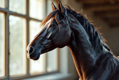 Primary subject: A brown horse with a white stripe on its face.

Setting/background: The horse is standing in front of a window, with a brick wall visible in the background.

Visual style: The image is a photo of the horse.

Colors and mood: The horse has a brown and white color pattern, and the overall atmosphere is calm and serene.