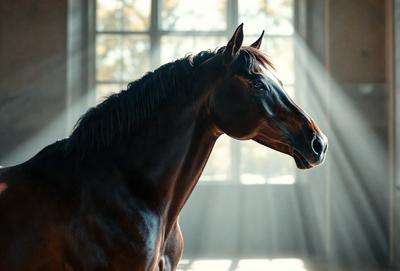 Primary subject: A brown horse with a black mane.

Setting/background: The horse is standing in front of a window, with a sunlight shining through it.

Visual style: The image is a photo of the horse.

Colors and mood: The horse has a brown coat, and the sunlight creates a warm and inviting atmosphere.