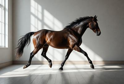 Primary subject: A brown horse with a black mane and tail, standing on a wooden floor.

Setting/background: The horse is standing in front of a white wall, which serves as the background.

Visual style: The image is a photo of the horse.

Colors and mood: The horse is brown, and the overall atmosphere is calm and focused.