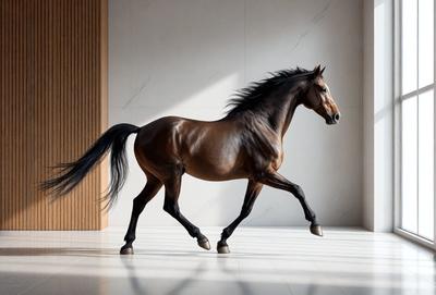 Primary subject: A brown horse with a black mane and tail, standing in a room.

Setting/background: The horse is standing in a room with a white wall and a marble floor.

Visual style: The image is a digital artwork.

Colors and mood: The horse has a brown body with a black mane and tail, and the room has a white wall and a marble floor, giving it a clean and elegant appearance.