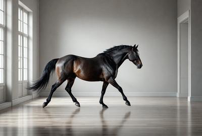 Primary subject: A horse
Setting/background: A white wall
Visual style: Photo
Colors and mood: Black and white