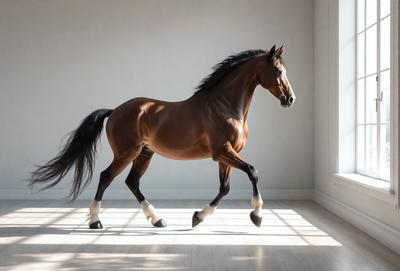 The primary subject of the image is a brown horse with a black mane, standing in a white room. The horse appears to be walking or running, with its head up and mane flowing. The setting is a white room, which provides a clean and minimalistic backdrop for the horse. The visual style of the image is a photo, capturing the horse in its natural environment. The colors in the image are predominantly brown and white, creating a calm and serene atmosphere.