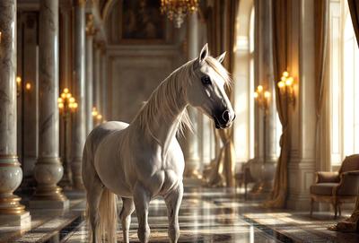 The primary subject of the image is a white horse standing in a large, ornate room with a marble floor. The setting appears to be a palace or a grand building, as indicated by the presence of chandeliers and the overall grandeur of the space. The visual style of the image is a combination of photo and digital art, creating a realistic yet artistic representation of the horse in the palace. The colors and mood of the image are predominantly white and elegant, reflecting the sophistication and beauty