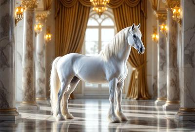 The primary subject of the image is a white horse standing in a large, ornate room. The setting includes a grand hallway with a chandelier hanging above the horse. The visual style of the image is a photo, capturing the horse in its elegant surroundings. The colors and mood of the scene are predominantly white, giving the image a clean and serene atmosphere.