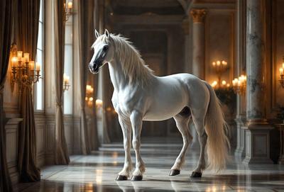 The primary subject of the image is a white horse standing in a hallway. The setting is a large, ornate room with a marble floor. The visual style is a digital art, creating a realistic and detailed representation of the horse. The colors and mood of the image are predominantly white, giving it a clean and elegant appearance.