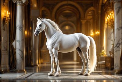 Primary subject: A white horse standing in a hallway.

Setting/background: The horse is standing in a hallway, which appears to be a part of a palace or a grand building.

Visual style: The image is a digital artwork, featuring a white horse in a palace setting.

Colors and mood: The image has a warm and elegant atmosphere, with the white horse as the main focal point.