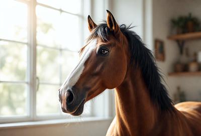 The primary subject of the image is a brown horse with a white stripe on its face. The horse is standing in front of a window, which serves as the setting for the scene. The visual style of the image is a photo, capturing the horse's features and the surrounding environment. The colors in the image are predominantly brown and white, creating a warm and natural atmosphere.