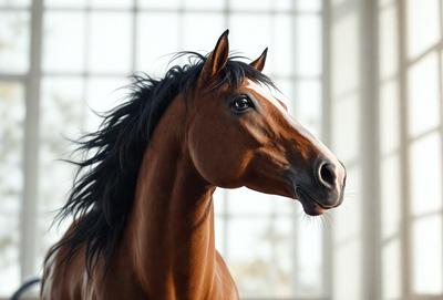 Primary subject: A brown horse with a white stripe on its face.

Setting/background: The horse is standing in front of a window, with a building visible in the background.

Visual style: The image is a digital art or illustration of the horse.

Colors and mood: The horse has a brown and white color scheme, and the overall atmosphere is calm and focused.