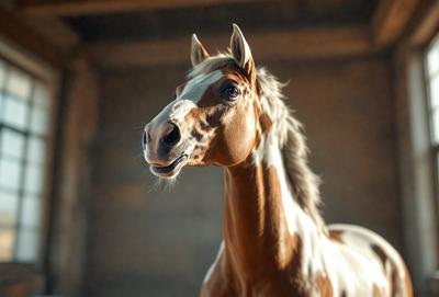 Primary subject: A brown and white horse with a white stripe on its face.

Setting/background: The horse is standing in a dark, possibly damp, environment.

Visual style: The image is a photo of the horse.

Colors and mood: The horse has a brown and white coat, and the overall atmosphere is somewhat moody due to the dark setting.