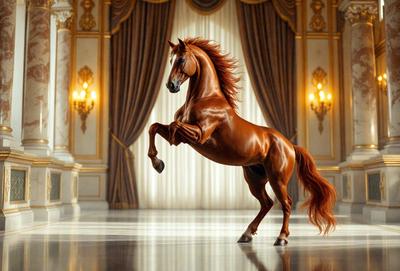 The primary subject of the image is a brown horse with a flowing mane, standing in a large, ornate room. The setting includes a grand stage with curtains, and the horse appears to be performing a dance. The visual style of the image is a combination of photo and digital art, creating a dynamic and captivating scene. The colors in the image are predominantly brown and white, with the horse's mane adding a touch of red. The overall atmosphere of the image is elegant and graceful, show