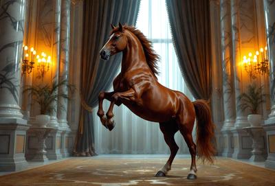 The primary subject of the image is a brown horse with a flowing mane, standing in a room with a carpeted floor. The horse appears to be in motion, possibly galloping or running. The setting includes a curtained window, which adds to the overall atmosphere of the scene. The visual style of the image is a combination of photo and digital art, creating a realistic yet artistic representation of the horse. The colors and mood of the image are warm and dynamic, with the horse's brown hue