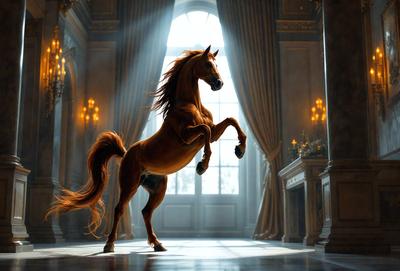 The primary subject of the image is a brown horse with a flowing mane, standing in a room with a white curtain. The horse appears to be walking or running, possibly in a palace setting. The visual style of the image is a combination of photo and digital art, creating a realistic yet artistic representation of the horse. The colors and mood of the image are warm and inviting, with the horse's brown hue and the white curtain providing a sense of elegance and sophistication.