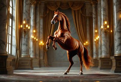 Primary subject: A brown horse with a white face standing in a room with a marble floor.

Setting/background: The horse is standing in a room with a marble floor, and there are chandeliers hanging from the ceiling.

Visual style: The image is a digital art or illustration of a horse.

Colors and mood: The dominant colors are brown and white, with a warm and elegant atmosphere.