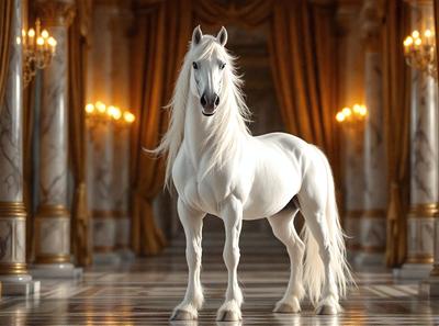 The primary subject of the image is a white horse standing in a large, ornate room. The setting includes a marble floor and a grand entrance with curtains. The visual style of the image is a digital art or illustration, creating a realistic and detailed representation of the horse. The colors and mood of the image are predominantly white, giving it a clean and elegant appearance.
