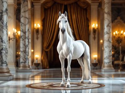 The primary subject of the image is a white horse standing in a grand, ornate room. The setting includes a large, fancy room with a chandelier hanging from the ceiling. The visual style of the image is a digital art or illustration, creating a realistic and detailed representation of the horse and its surroundings. The colors in the image are predominantly white, giving the scene a clean and elegant appearance. The overall atmosphere of the image is one of sophistication and luxury.