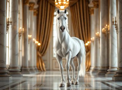 The primary subject of the image is a white horse standing in a large, ornate room. The setting includes a marble floor and a chandelier hanging from the ceiling. The visual style of the image is a digital art, creating a realistic and detailed representation of the horse. The colors and mood of the image are predominantly white, giving it a clean and elegant appearance.