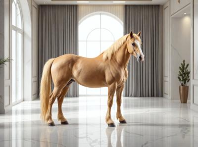 The primary subject of the image is a brown horse standing in a room. The horse is positioned in the center of the room, and it appears to be the main focus of the image. The setting is a room with a white wall, and the visual style is a photo. The colors in the image are predominantly brown and white, creating a calm and natural atmosphere.