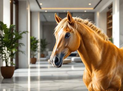 The primary subject of the image is a brown horse standing in a room. The setting is an indoor space, possibly a living room or a hallway, with a potted plant nearby. The visual style appears to be a digital art or illustration, creating a realistic and detailed representation of the horse. The colors and mood of the image are warm and inviting, with the brown horse being the main focus of the scene.