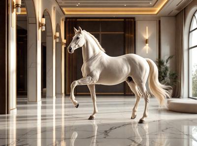 The primary subject of the image is a white horse standing in a large, empty room. The setting appears to be a spacious hallway or a lobby, with a marble floor. The visual style of the image is a photo, capturing the horse in its natural environment. The colors in the image are predominantly white, giving the scene a clean and elegant atmosphere.