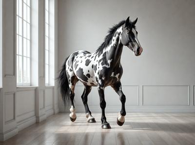 Primary subject: A black and white horse with a white spot on its face.

Setting/background: A white wall.

Visual style: Digital art.

Colors and mood: The horse is black and white, and the overall atmosphere is calm and focused.