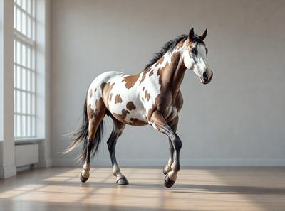 Primary subject: A brown and white spotted horse.

Setting/background: A white wall.

Visual style: A photo of the horse.

Colors and mood: The horse has brown and white spots, and the overall atmosphere is calm and focused.