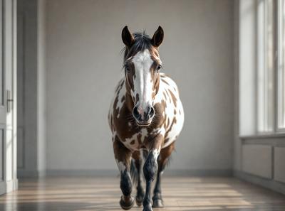 Primary subject: A brown and white horse with a black mane.

Setting/background: A white wall.

Visual style: A photo of the horse.

Colors and mood: The horse has a brown and white coat, and the overall atmosphere is calm and focused.