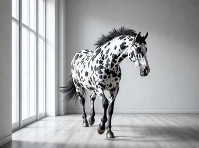 Primary subject: A black and white horse with a white spot on its face.

Setting/background: A white wall.

Visual style: Digital art.

Colors and mood: The horse is black and white, and the overall atmosphere is calm and focused.