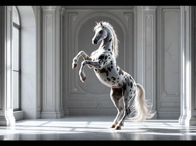 The primary subject of the image is a white and brown spotted horse standing in a white room. The horse appears to be in motion, possibly dancing or galloping. The setting is a white room with a marble floor, which provides a clean and elegant backdrop for the horse. The visual style of the image is a combination of photo and digital art, creating a realistic yet artistic representation of the horse. The colors and mood of the image are predominantly white, giving it a clean and serene atmosphere.