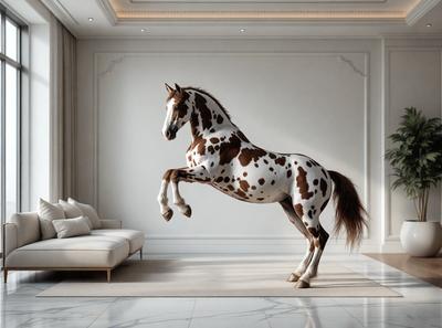 The primary subject of the image is a horse, which is the main focus of the scene. The horse is standing on a white carpet, which serves as the setting or background of the image. The visual style of the image is digital art, as it appears to be a computer-generated or digitally manipulated image. The colors and mood of the image are predominantly white, giving it a clean and minimalist appearance.