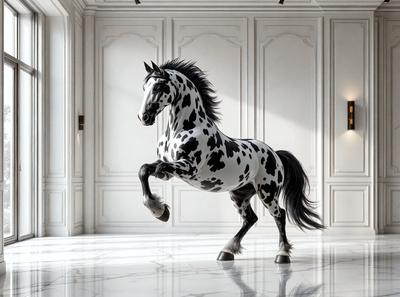 The primary subject of the image is a black and white horse. The horse is standing on a marble floor, which serves as the setting for the scene. The visual style of the image is a combination of photo and digital art, creating a unique and eye-catching representation of the horse. The dominant colors in the image are black and white, giving it a classic and elegant appearance.