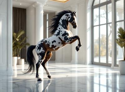 Primary subject: A spotted horse with a black mane and tail, standing in a white room.

Setting/background: The horse is standing in a white room, which appears to be a living room or a hallway.

Visual style: The image is a digital art or illustration of a horse.

Colors and mood: The dominant colors are white and black, giving the image a clean and elegant appearance. The mood of the image is energetic and dynamic, as the horse appears to be
