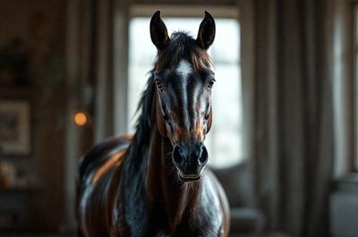 The primary subject of the image is a brown horse with a white stripe on its face. The horse is standing in front of a window, which serves as the setting or background of the scene. The visual style of the image is a photo, capturing the horse's features and the surrounding environment. The colors in the image are predominantly brown and white, creating a warm and natural atmosphere.