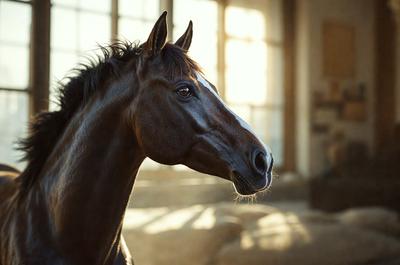 Primary subject: A brown horse with a white stripe on its face.

Setting/background: The horse is standing in a barn, with a window in the background.

Visual style: The image is a photo of the horse.

Colors and mood: The horse has a brown and white color pattern, and the overall atmosphere is calm and serene.