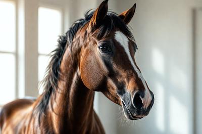 The primary subject of the image is a brown horse with a white stripe on its face. The horse is standing in a room, possibly a stable, with a white wall behind it. The visual style of the image is a photo, capturing the horse's features and the room's environment. The colors in the image are predominantly brown and white, creating a warm and natural atmosphere.