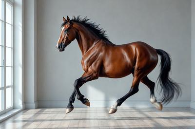 Primary subject: A brown horse with a black mane and tail, running on a wooden floor.

Setting/background: The horse is running in a room with a white wall.

Visual style: The image is a photo of the horse in motion.

Colors and mood: The horse is brown, and the overall atmosphere is energetic and dynamic.