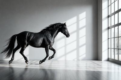 Primary subject: A black horse running on a wooden floor.

Setting/background: The horse is running in a room with a white wall.

Visual style: The image is a digital artwork.

Colors and mood: The dominant colors are black and white, creating a dramatic and dynamic mood.