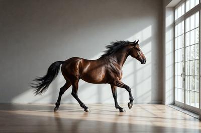 Primary subject: A brown horse with a black mane and tail, standing on a wooden floor.

Setting/background: The horse is standing in a room with a white wall, and there is a window in the background.

Visual style: The image is a photo of the horse.

Colors and mood: The horse has a brown coat, and the overall atmosphere is calm and focused on the horse.